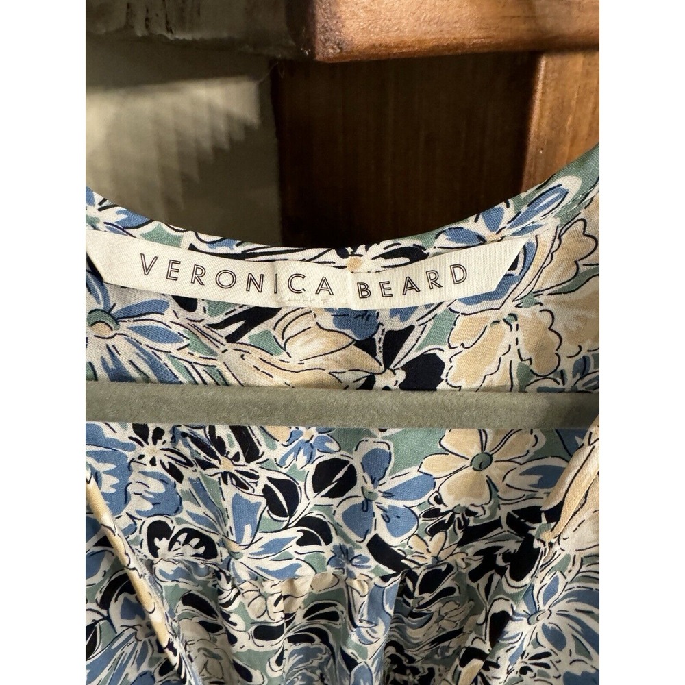 Veronica Beard 14 Riggins Dress Mini Shift Blue Silk Floral V Neck Long Sleeves - Picture 7 of 10